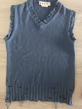 Marni Slate Blue Distressed V-Neck Knit Vest
